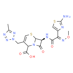 ChemSpider 2D Image | (7S)-7-{[(2E)-2-(2-Amino-1,3-thiazol-4-yl)-2-(methoxyimino)acetyl]amino}-3-[(5-methyl-2H-tetrazol-2-yl)methyl]-8-oxo-5-thia-1-azabicyclo[4.2.0]oct-3-ene-2-carboxylic acid | C16H17N9O5S2