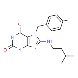 ChemSpider 2D Image | 7-(4-Fluorobenzyl)-3-methyl-8-[(3-methylbutyl)amino]-3,7-dihydro-1H-purine-2,6-dione | C18H22FN5O2