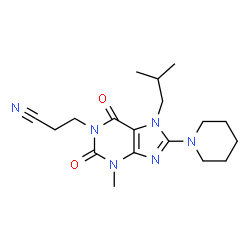 ChemSpider 2D Image | 3-[7-Isobutyl-3-methyl-2,6-dioxo-8-(1-piperidinyl)-2,3,6,7-tetrahydro-1H-purin-1-yl]propanenitrile | C18H26N6O2