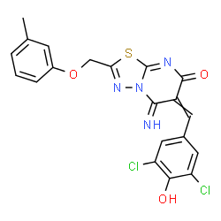 ChemSpider 2D Image | 6-(3,5-Dichloro-4-hydroxybenzylidene)-5-imino-2-[(3-methylphenoxy)methyl]-5,6-dihydro-7H-[1,3,4]thiadiazolo[3,2-a]pyrimidin-7-one | C20H14Cl2N4O3S
