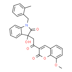 ChemSpider 2D Image | 3-Hydroxy-3-[2-(8-methoxy-2-oxo-2H-chromen-3-yl)-2-oxoethyl]-1-(2-methylbenzyl)-1,3-dihydro-2H-indol-2-one | C28H23NO6
