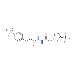 ChemSpider 2D Image | 4-[3-Oxo-3-(2-{[3-(trifluoromethyl)-1H-pyrazol-1-yl]acetyl}hydrazino)propyl]benzenesulfonamide | C15H16F3N5O4S