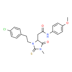 ChemSpider 2D Image | 2-{3-[2-(4-Chlorophenyl)ethyl]-1-methyl-5-oxo-2-thioxo-4-imidazolidinyl}-N-(4-methoxyphenyl)acetamide | C21H22ClN3O3S