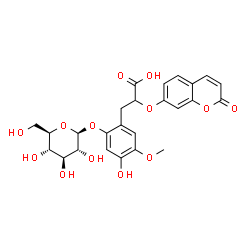 ChemSpider 2D Image | 3-[2-(beta-D-Glucopyranosyloxy)-4-hydroxy-5-methoxyphenyl]-2-[(2-oxo-2H-chromen-7-yl)oxy]propanoic acid | C25H26O13