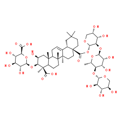 ChemSpider 2D Image | beta-D-Xylopyranosyl-(1->4)-6-deoxy-alpha-L-mannopyranosyl-(1->2)-1-O-[(2beta,3beta,5xi,9xi)-3-(beta-D-glucopyranuronosyloxy)-2,24-dihydroxy-24,28-dioxoolean-12-en-28-yl]-alpha-L-arabinopyranose | C52H80O24