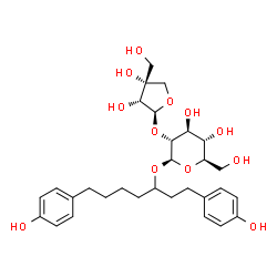 ChemSpider 2D Image | 1,7-Bis(4-hydroxyphenyl)-3-heptanyl 2-O-[(2S,3R,4R)-3,4-dihydroxy-4-(hydroxymethyl)tetrahydro-2-furanyl]-beta-D-glucopyranoside | C30H42O12