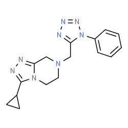ChemSpider 2D Image | 3-Cyclopropyl-7-[(1-phenyl-1H-tetrazol-5-yl)methyl]-5,6,7,8-tetrahydro[1,2,4]triazolo[4,3-a]pyrazine | C16H18N8