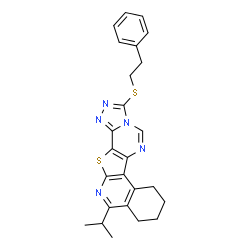 ChemSpider 2D Image | 11-Isopropyl-3-[(2-phenylethyl)sulfanyl]-7,8,9,10-tetrahydro[1,2,4]triazolo[4'',3'':1',6']pyrimido[4',5':4,5]thieno[2,3-c]isoquinoline | C25H25N5S2