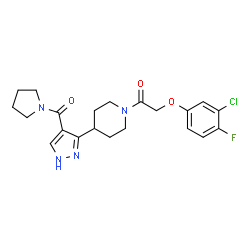 ChemSpider 2D Image | 2-(3-Chloro-4-fluorophenoxy)-1-{4-[4-(1-pyrrolidinylcarbonyl)-1H-pyrazol-3-yl]-1-piperidinyl}ethanone | C21H24ClFN4O3