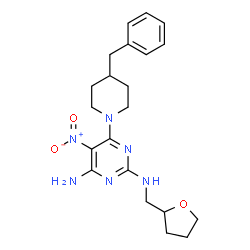 ChemSpider 2D Image | 6-(4-Benzyl-1-piperidinyl)-5-nitro-N~2~-(tetrahydro-2-furanylmethyl)-2,4-pyrimidinediamine | C21H28N6O3