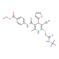 ChemSpider 2D Image | Ethyl 4-({[5-cyano-4-(2-furyl)-2-methyl-6-({2-[(2-methyl-2-propanyl)amino]-2-oxoethyl}sulfanyl)-1,4-dihydro-3-pyridinyl]carbonyl}amino)benzoate | C27H30N4O5S