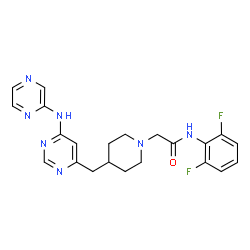 ChemSpider 2D Image | N-(2,6-Difluorophenyl)-2-(4-{[6-(2-pyrazinylamino)-4-pyrimidinyl]methyl}-1-piperidinyl)acetamide | C22H23F2N7O