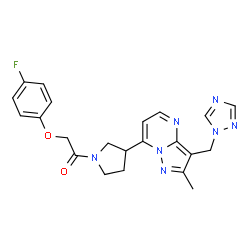 ChemSpider 2D Image | 2-(4-Fluorophenoxy)-1-{3-[2-methyl-3-(1H-1,2,4-triazol-1-ylmethyl)pyrazolo[1,5-a]pyrimidin-7-yl]-1-pyrrolidinyl}ethanone | C22H22FN7O2