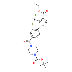 ChemSpider 2D Image | 2-Methyl-2-propanyl 4-{4-[4-(ethoxycarbonyl)-5-(trifluoromethyl)-1H-pyrazol-1-yl]benzoyl}-1-piperazinecarboxylate | C23H27F3N4O5