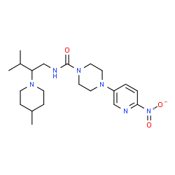 ChemSpider 2D Image | N-[3-Methyl-2-(4-methyl-1-piperidinyl)butyl]-4-(6-nitro-3-pyridinyl)-1-piperazinecarboxamide | C21H34N6O3
