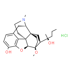 ChemSpider 2D Image | (5beta,9alpha,13alpha,18S)-18-[(2S)-2-Hydroxy-2-pentanyl]-6-methoxy-17-methyl-7,8-didehydro-18,19-dihydro-4,5-epoxy-6,14-ethenomorphinan-3-ol hydrochloride (1:1) | C25H34ClNO4
