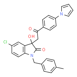 ChemSpider 2D Image | 5-Chloro-3-hydroxy-1-(4-methylbenzyl)-3-{2-oxo-2-[4-(1H-pyrrol-1-yl)phenyl]ethyl}-1,3-dihydro-2H-indol-2-one | C28H23ClN2O3