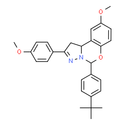 ChemSpider 2D Image | 5-(4-tert-butylphenyl)-9-methoxy-2-(4-methoxyphenyl)-1,10b-dihydropyrazolo[1,5-c][1,3]benzoxazine | C28H30N2O3