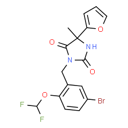 ChemSpider 2D Image | 3-[5-Bromo-2-(difluoromethoxy)benzyl]-5-(2-furyl)-5-methyl-2,4-imidazolidinedione | C16H13BrF2N2O4