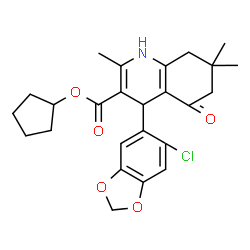 ChemSpider 2D Image | Cyclopentyl 4-(6-chloro-1,3-benzodioxol-5-yl)-2,7,7-trimethyl-5-oxo-1,4,5,6,7,8-hexahydro-3-quinolinecarboxylate | C25H28ClNO5