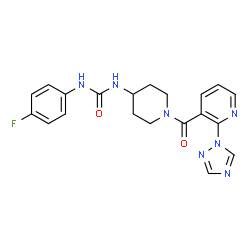 ChemSpider 2D Image | 1-(4-Fluorophenyl)-3-(1-{[2-(1H-1,2,4-triazol-1-yl)-3-pyridinyl]carbonyl}-4-piperidinyl)urea | C20H20FN7O2