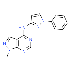 ChemSpider 2D Image | 1-Methyl-N-(1-phenyl-1H-pyrazol-3-yl)-1H-pyrazolo[3,4-d]pyrimidin-4-amine | C15H13N7
