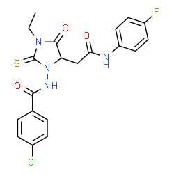 ChemSpider 2D Image | 4-Chloro-N-(3-ethyl-5-{2-[(4-fluorophenyl)amino]-2-oxoethyl}-4-oxo-2-thioxo-1-imidazolidinyl)benzamide | C20H18ClFN4O3S