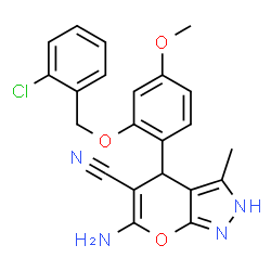 ChemSpider 2D Image | 6-Amino-4-{2-[(2-chlorobenzyl)oxy]-4-methoxyphenyl}-3-methyl-2,4-dihydropyrano[2,3-c]pyrazole-5-carbonitrile | C22H19ClN4O3