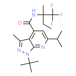 ChemSpider 2D Image | 6-Isopropyl-3-methyl-1-(2-methyl-2-propanyl)-N-(1,1,1-trifluoro-2-methyl-2-butanyl)-1H-pyrazolo[3,4-b]pyridine-4-carboxamide | C20H29F3N4O