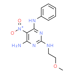 ChemSpider 2D Image | N~2~-(2-Methoxyethyl)-5-nitro-N~4~-phenyl-2,4,6-pyrimidinetriamine | C13H16N6O3