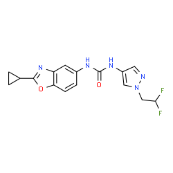 ChemSpider 2D Image | 1-(2-Cyclopropyl-1,3-benzoxazol-5-yl)-3-[1-(2,2-difluoroethyl)-1H-pyrazol-4-yl]urea | C16H15F2N5O2