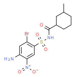 ChemSpider 2D Image | N-[(4-Amino-2-bromo-5-nitrophenyl)sulfonyl]-3-methylcyclohexanecarboxamide | C14H18BrN3O5S