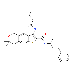 ChemSpider 2D Image | 3-(Butyrylamino)-7,7-dimethyl-N-(4-phenyl-2-butanyl)-7,8-dihydro-5H-pyrano[4,3-b]thieno[3,2-e]pyridine-2-carboxamide | C27H33N3O3S
