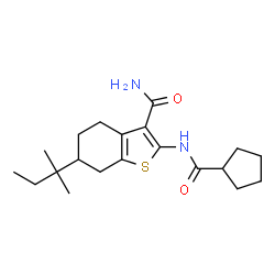 ChemSpider 2D Image | 2-[(Cyclopentylcarbonyl)amino]-6-(2-methyl-2-butanyl)-4,5,6,7-tetrahydro-1-benzothiophene-3-carboxamide | C20H30N2O2S