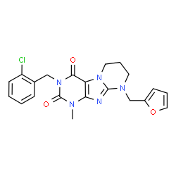 ChemSpider 2D Image | 3-(2-Chlorobenzyl)-9-(2-furylmethyl)-1-methyl-6,7,8,9-tetrahydropyrimido[2,1-f]purine-2,4(1H,3H)-dione | C21H20ClN5O3