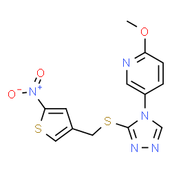 ChemSpider 2D Image | 2-Methoxy-5-(3-{[(5-nitro-3-thienyl)methyl]sulfanyl}-4H-1,2,4-triazol-4-yl)pyridine | C13H11N5O3S2