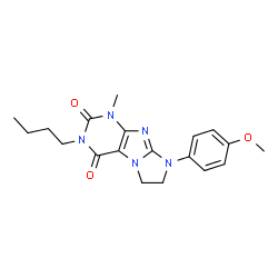 ChemSpider 2D Image | 3-Butyl-8-(4-methoxyphenyl)-1-methyl-7,8-dihydro-1H-imidazo[2,1-f]purine-2,4(3H,6H)-dione | C19H23N5O3