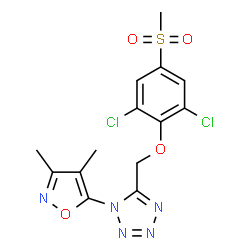 ChemSpider 2D Image | 5-{[2,6-Dichloro-4-(methylsulfonyl)phenoxy]methyl}-1-(3,4-dimethyl-1,2-oxazol-5-yl)-1H-tetrazole | C14H13Cl2N5O4S