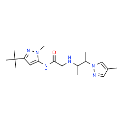 ChemSpider 2D Image | N-[1-Methyl-3-(2-methyl-2-propanyl)-1H-pyrazol-5-yl]-N~2~-[3-(4-methyl-1H-pyrazol-1-yl)-2-butanyl]glycinamide | C18H30N6O