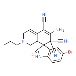 ChemSpider 2D Image | 6'-Amino-5-bromo-2-oxo-2'-propyl-1,1',2,2',3',8a'-hexahydro-7'H-spiro[indole-3,8'-isoquinoline]-5',7',7'-tricarbonitrile | C22H19BrN6O