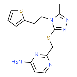 ChemSpider 2D Image | 2-[({5-Methyl-4-[2-(2-thienyl)ethyl]-4H-1,2,4-triazol-3-yl}sulfanyl)methyl]-4-pyrimidinamine | C14H16N6S2