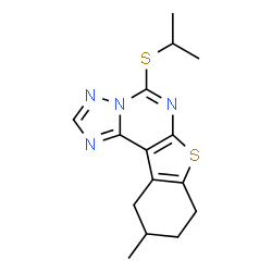 ChemSpider 2D Image | 5-(Isopropylsulfanyl)-10-methyl-8,9,10,11-tetrahydro[1]benzothieno[3,2-e][1,2,4]triazolo[1,5-c]pyrimidine | C15H18N4S2