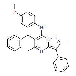 ChemSpider 2D Image | 6-Benzyl-N-(4-methoxyphenyl)-2,5-dimethyl-3-phenylpyrazolo[1,5-a]pyrimidin-7-amine | C28H26N4O