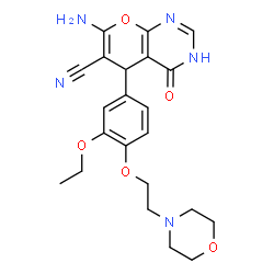 ChemSpider 2D Image | 7-Amino-5-{3-ethoxy-4-[2-(4-morpholinyl)ethoxy]phenyl}-4-oxo-3,5-dihydro-4H-pyrano[2,3-d]pyrimidine-6-carbonitrile | C22H25N5O5