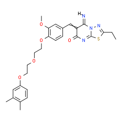 ChemSpider 2D Image | (5E)-6-(4-{2-[2-(3,4-Dimethylphenoxy)ethoxy]ethoxy}-3-methoxybenzylidene)-2-ethyl-5-imino-5,6-dihydro-7H-[1,3,4]thiadiazolo[3,2-a]pyrimidin-7-one | C27H30N4O5S