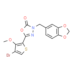 ChemSpider 2D Image | 3-(1,3-Benzodioxol-5-ylmethyl)-5-(4-bromo-3-methoxy-2-thienyl)-1,3,4-oxadiazol-2(3H)-one | C15H11BrN2O5S