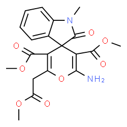 ChemSpider 2D Image | Dimethyl 2'-amino-6'-(2-methoxy-2-oxoethyl)-1-methyl-2-oxo-1,2-dihydrospiro[indole-3,4'-pyran]-3',5'-dicarboxylate | C20H20N2O8