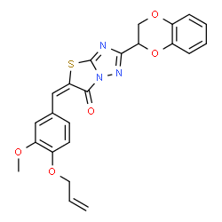 ChemSpider 2D Image | (5E)-5-[4-(Allyloxy)-3-methoxybenzylidene]-2-(2,3-dihydro-1,4-benzodioxin-2-yl)[1,3]thiazolo[3,2-b][1,2,4]triazol-6(5H)-one | C23H19N3O5S