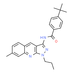 ChemSpider 2D Image | 4-(2-Methyl-2-propanyl)-N-(7-methyl-1-propyl-1H-pyrazolo[3,4-b]quinolin-3-yl)benzamide | C25H28N4O