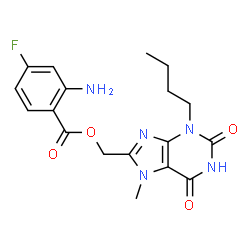 ChemSpider 2D Image | (3-Butyl-7-methyl-2,6-dioxo-2,3,6,7-tetrahydro-1H-purin-8-yl)methyl 2-amino-4-fluorobenzoate | C18H20FN5O4